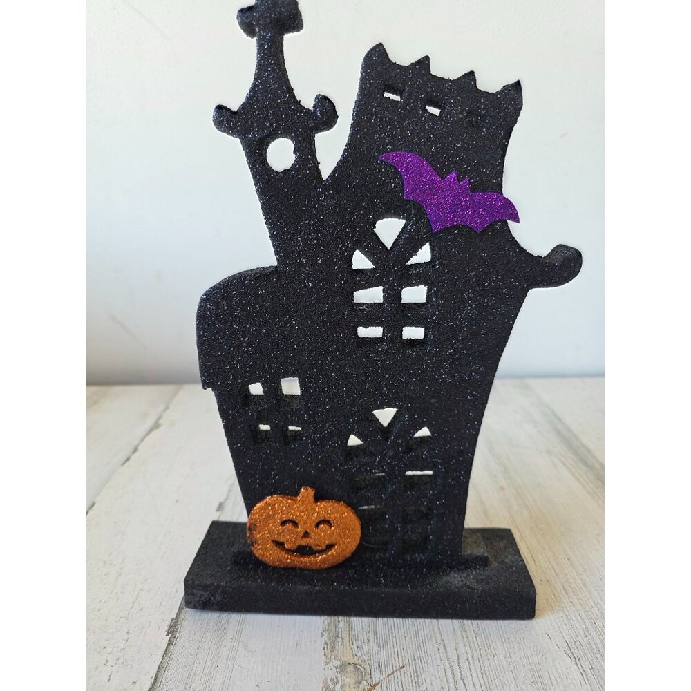Glitter haunted‎ house Halloween decor pumpkin bat sparkle black